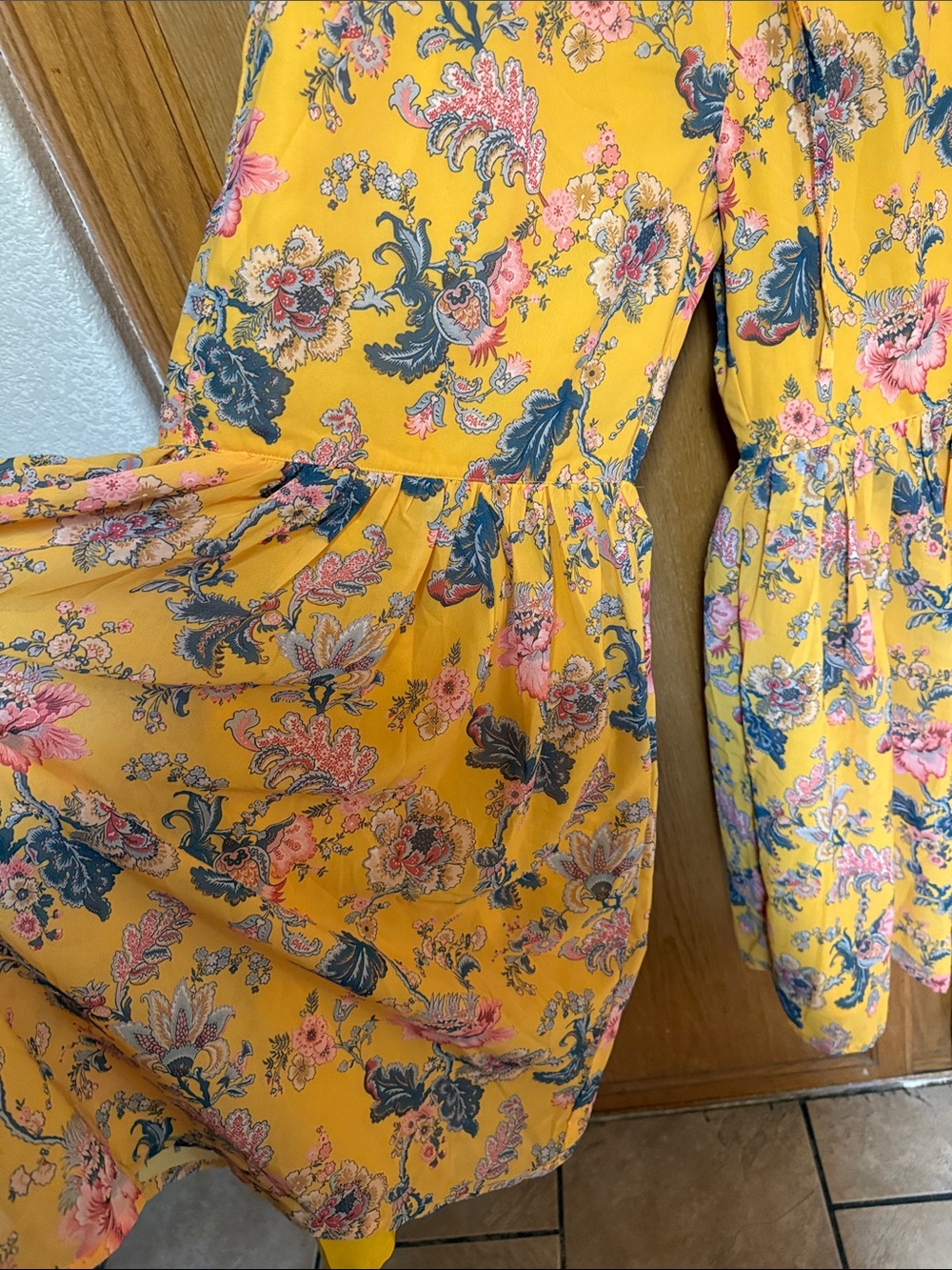 Yellow Floral Tiered wide leg pants with Pink & Green Accents - Picture 5 of 8